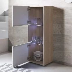 Vitrine verticale LED - Blanc & Sonoma - Mélamine brillant - 1 porte - 3 compartiments - 40 x 29 x 128 cm