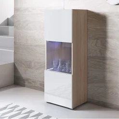 Vitrine verticale LED - Blanc & Sonoma - Mélamine brillant - 1 porte - 3 compartiments - 40 x 29 x 128 cm