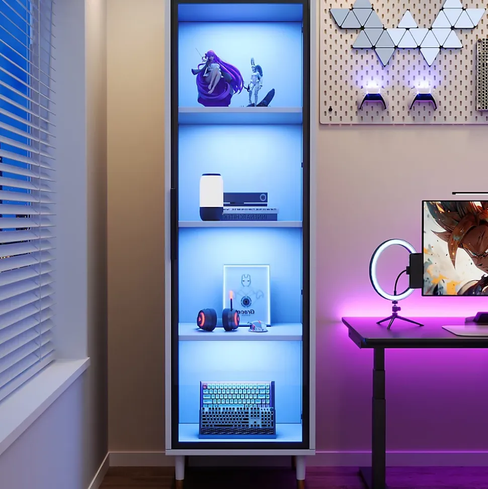 Vitrine vitrée de 170 cm de haut - Éclairage LED - 1 porte vitrée - 4 pieds - MDF+panneaux de particules - Blanc