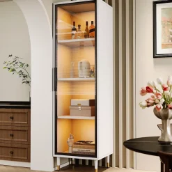 Vitrine vitrée de 170 cm de haut - Éclairage LED - 1 porte vitrée - 4 pieds - MDF+panneaux de particules - Blanc