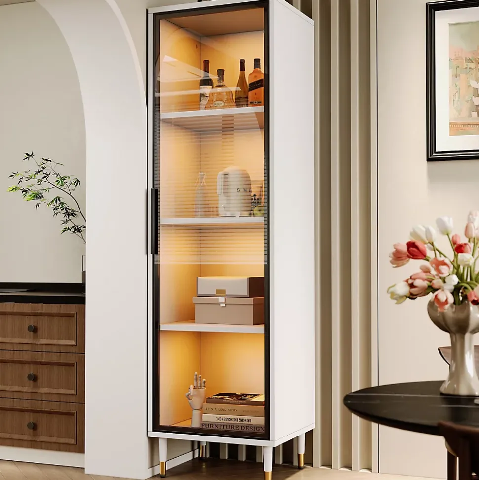 Vitrine vitrée de 170 cm de haut - Éclairage LED - 1 porte vitrée - 4 pieds - MDF+panneaux de particules - Blanc
