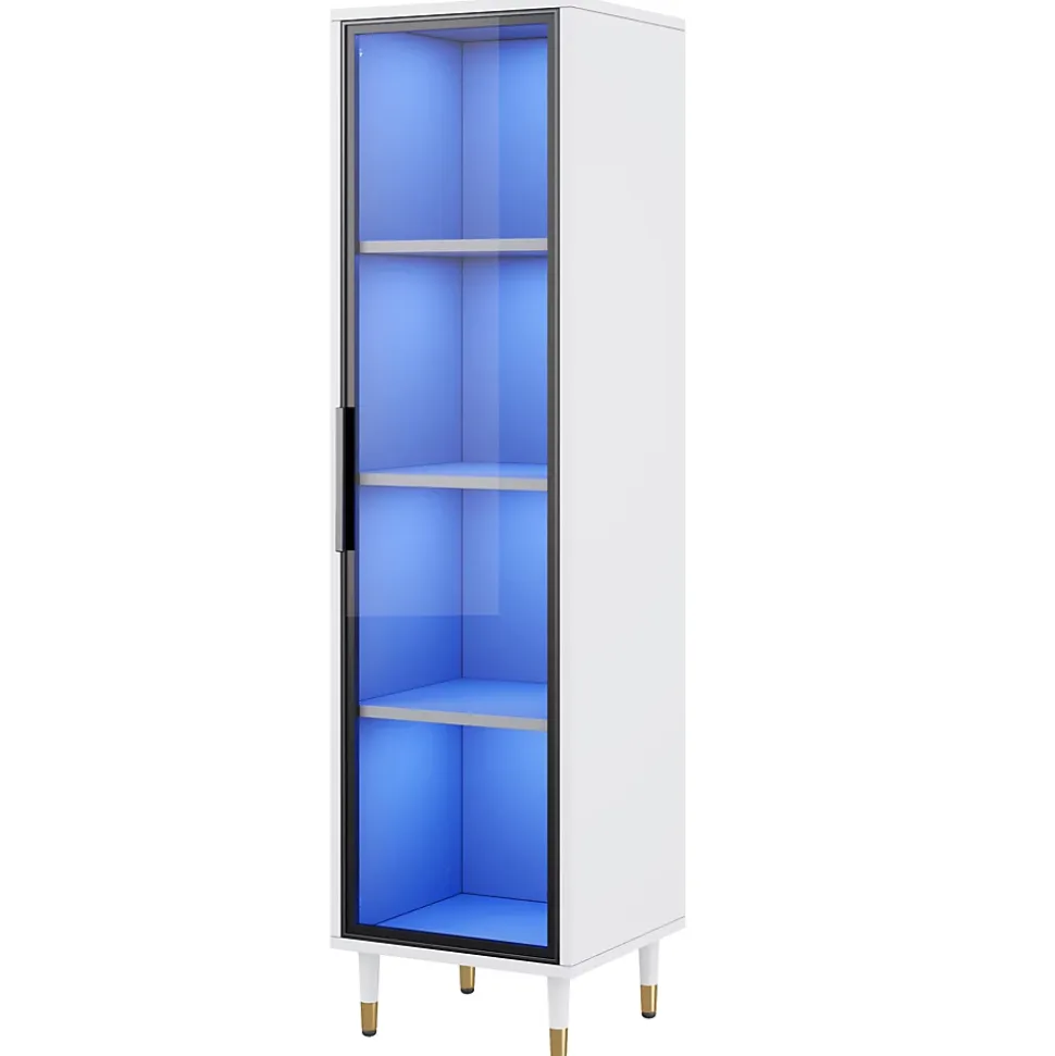 Vitrine vitrée de 170 cm de haut - Éclairage LED - 1 porte vitrée - 4 pieds - MDF+panneaux de particules - Blanc