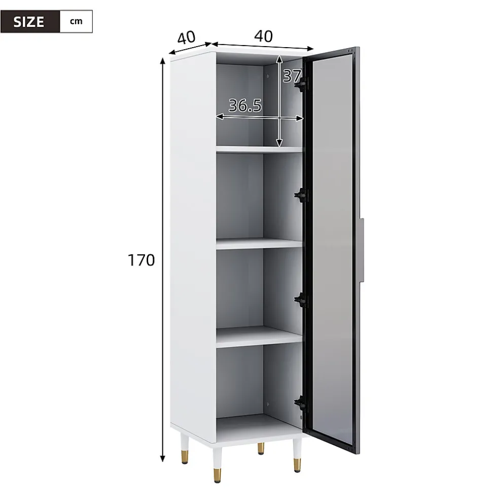Vitrine vitrée de 170 cm de haut - Éclairage LED - 1 porte vitrée - 4 pieds - MDF+panneaux de particules - Blanc