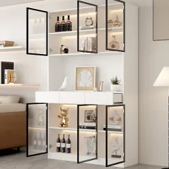 Vitrine 120x36x200cm - avec éclairage LED - avec 6 portes - portes vitrées - avec 3 tiroirs - blanc