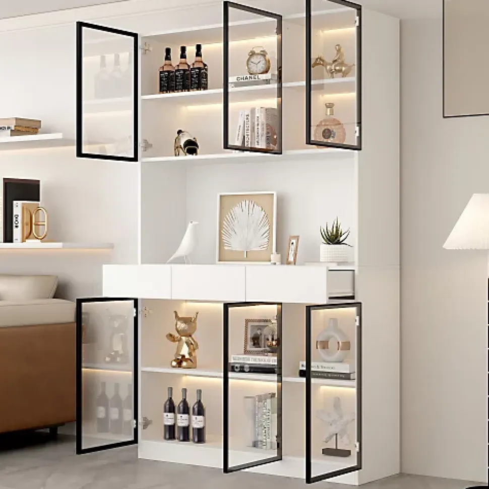 Vitrine 120x36x200cm - avec éclairage LED - avec 6 portes - portes vitrées - avec 3 tiroirs - blanc