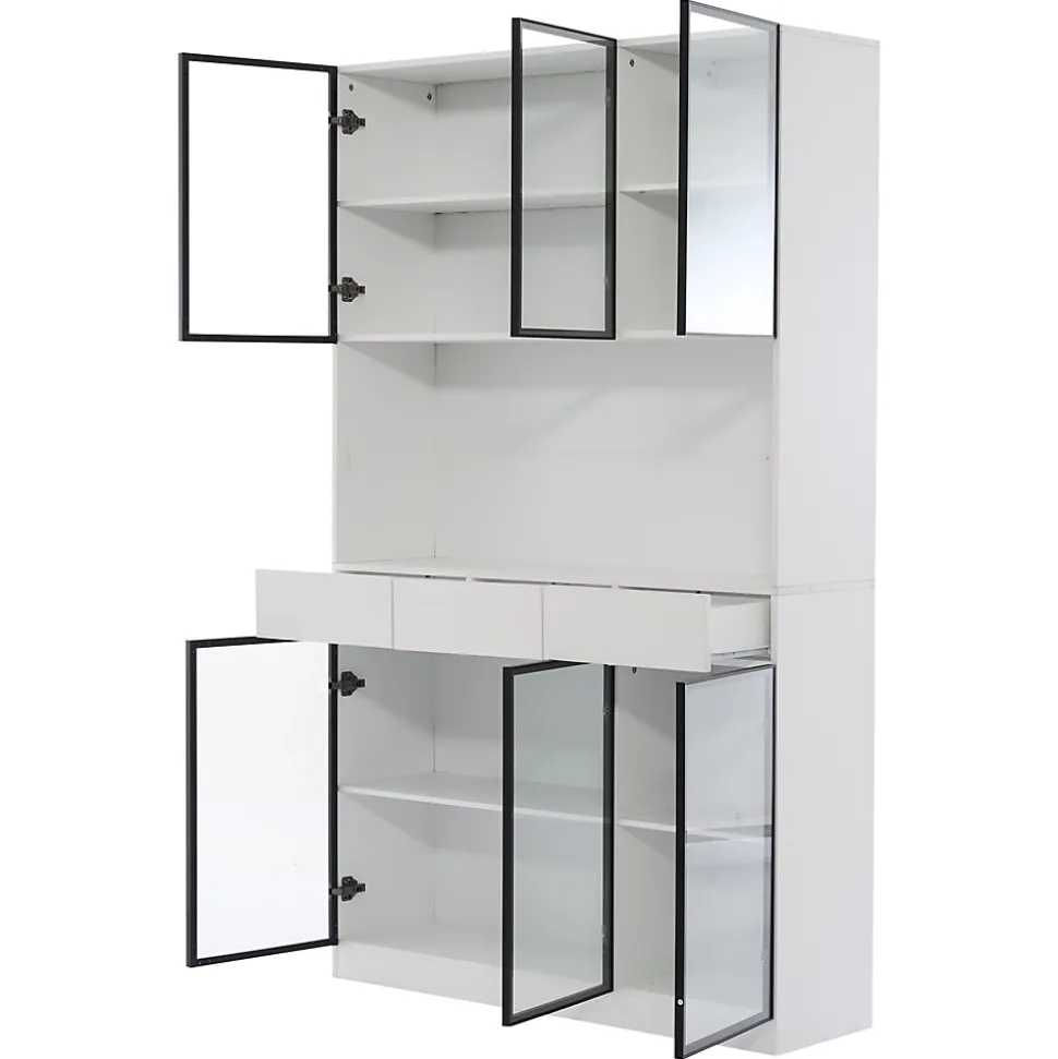 Vitrine 120x36x200cm - avec éclairage LED - avec 6 portes - portes vitrées - avec 3 tiroirs - blanc