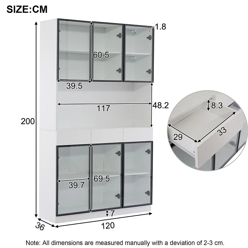 Vitrine 120x36x200cm - avec éclairage LED - avec 6 portes - portes vitrées - avec 3 tiroirs - blanc