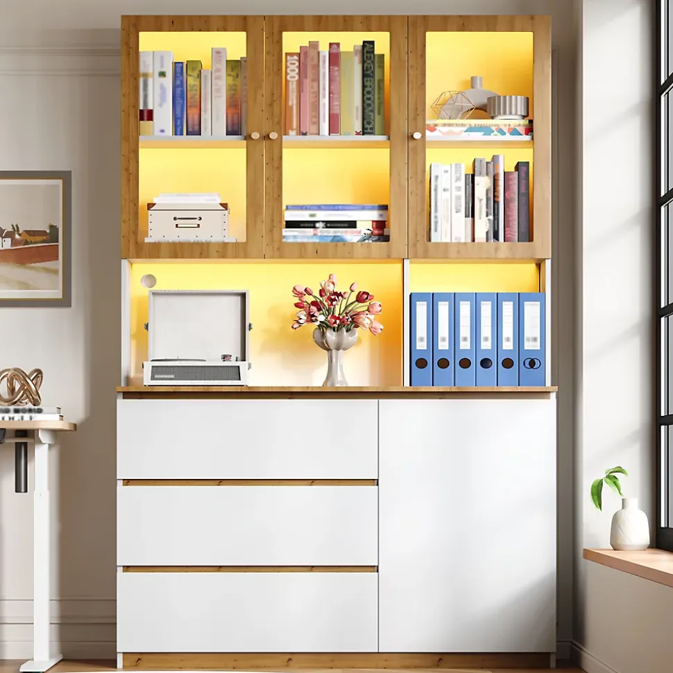Vitrine/armoire haute avec éclairage LED - 200 cm de hauteur - 4 portes et 3 tiroirs - Plan de travail prolongé - Blanc et naturel