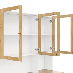 Vitrine/armoire haute avec éclairage LED - 200 cm de hauteur - 4 portes et 3 tiroirs - Plan de travail prolongé - Blanc et naturel
