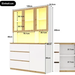 Vitrine/armoire haute avec éclairage LED - 200 cm de hauteur - 4 portes et 3 tiroirs - Plan de travail prolongé - Blanc et naturel