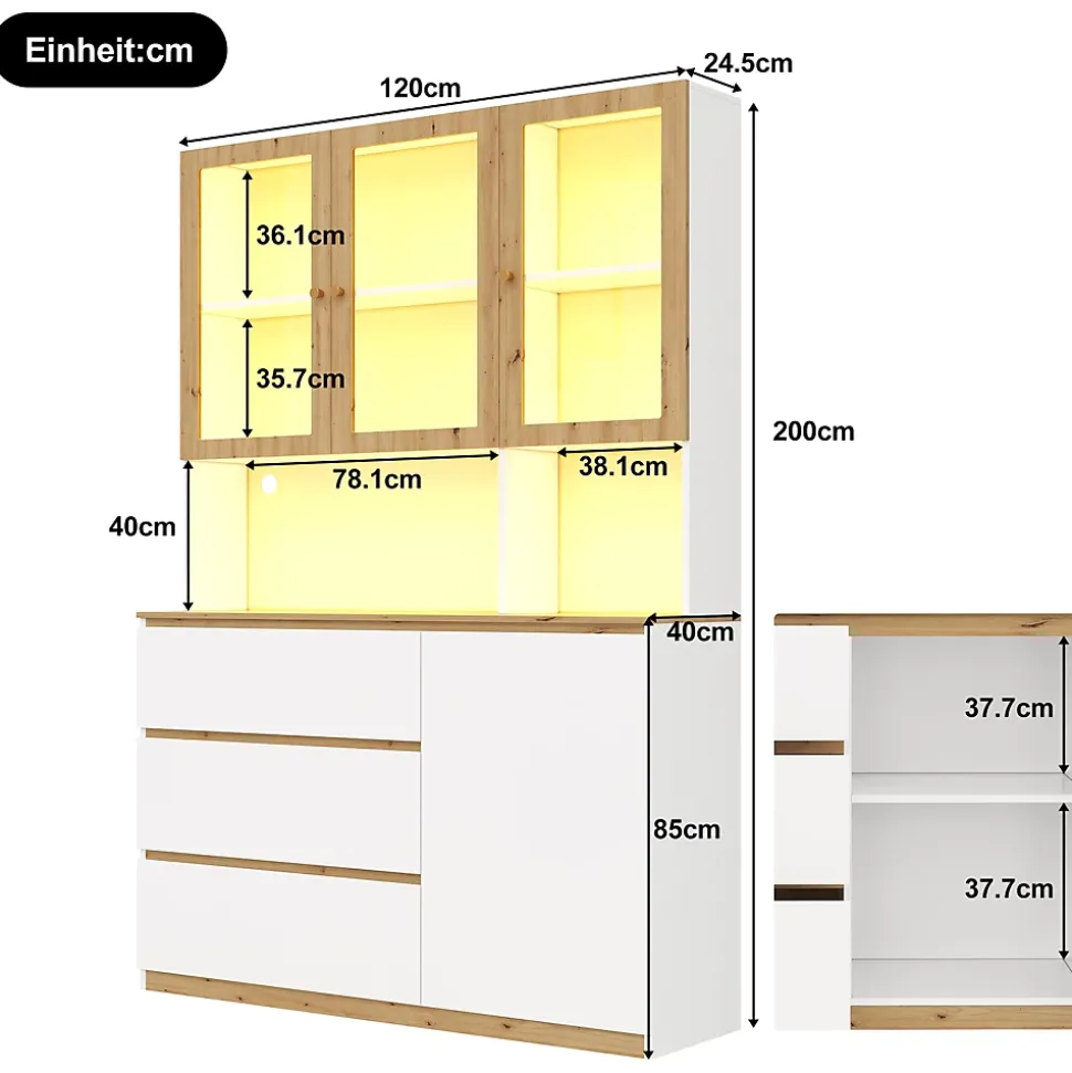 Vitrine/armoire haute avec éclairage LED - 200 cm de hauteur - 4 portes et 3 tiroirs - Plan de travail prolongé - Blanc et naturel