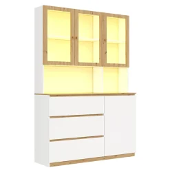 Vitrine/armoire haute avec éclairage LED - 200 cm de hauteur - 4 portes et 3 tiroirs - Plan de travail prolongé - Blanc et naturel