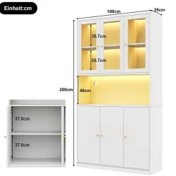 Vitrine/bibliothèque en verre 100x35x200 cm - avec éclairage LED - étagères ouvertes et 6 portes - MDF - blanc