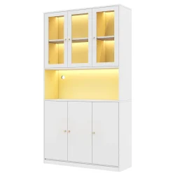 Vitrine/bibliothèque en verre 100x35x200 cm - avec éclairage LED - étagères ouvertes et 6 portes - MDF - blanc