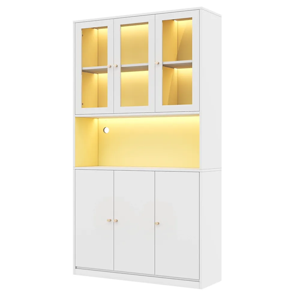 Vitrine/bibliothèque en verre 100x35x200 cm - avec éclairage LED - étagères ouvertes et 6 portes - MDF - blanc