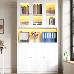 Vitrine/bibliothèque en verre 100x35x200 cm - avec éclairage LED - étagères ouvertes et 6 portes - MDF - blanc