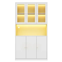 Vitrine/bibliothèque en verre 100x35x200 cm - avec éclairage LED - étagères ouvertes et 6 portes - MDF - blanc